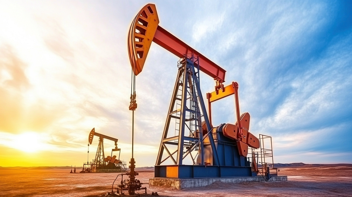 A couple of land oil rigs (pumpjacks) in an oil and gas processing facility.