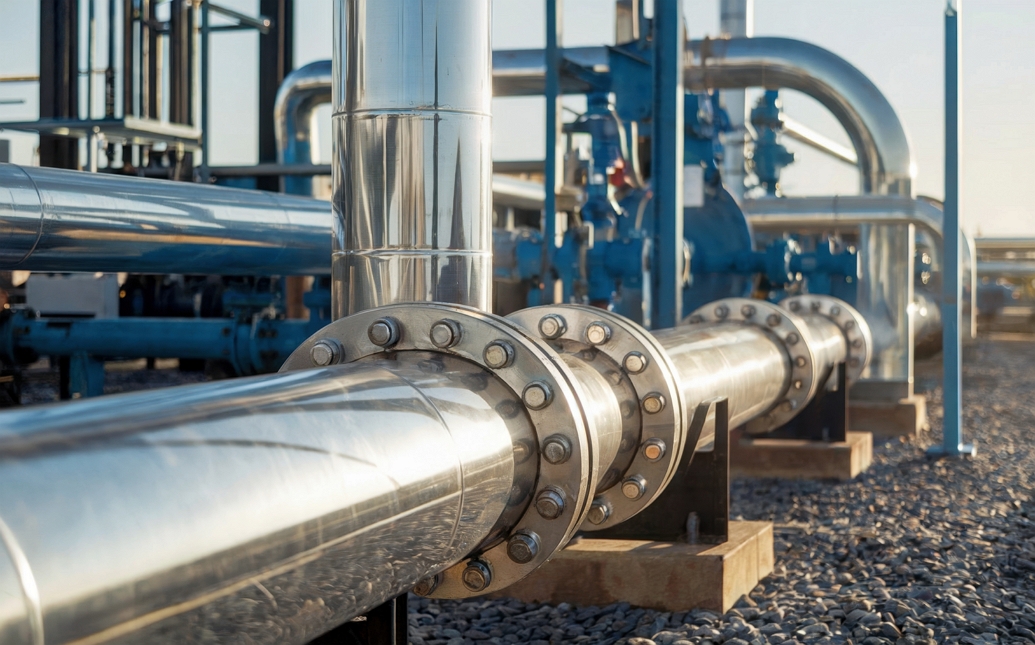 A close-up view of pipelines inside a gas processing & storage facility.