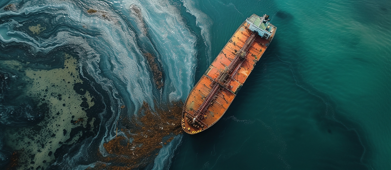 Bird's-eye view of an oil spill in the ocean with an oil tanker.