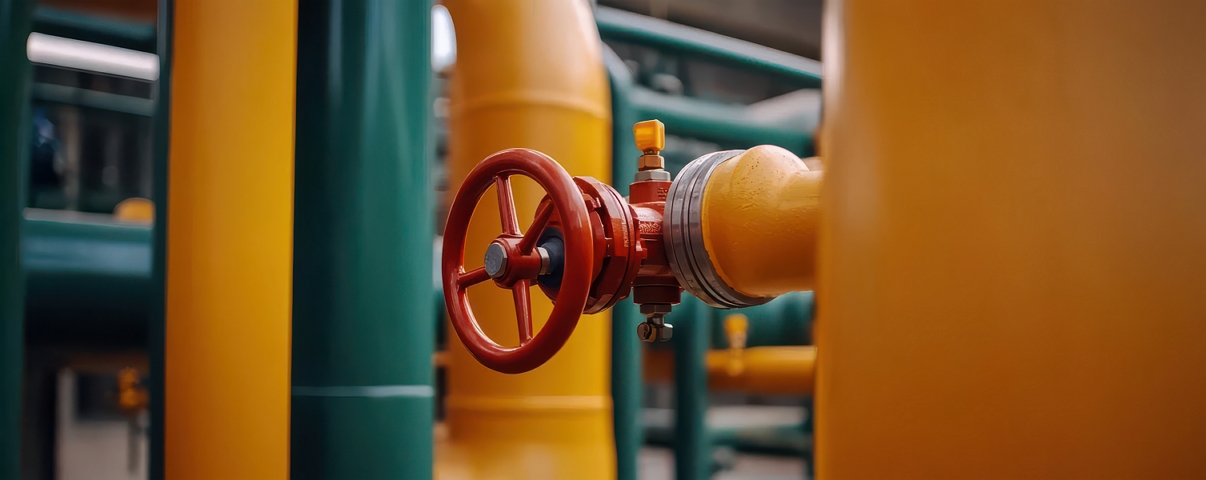 A close-up view of machinery in a gas processing facility.
