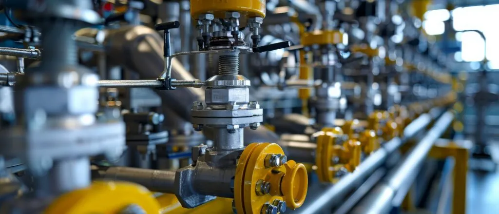 A close-up view of machinery in a gas processing facility.