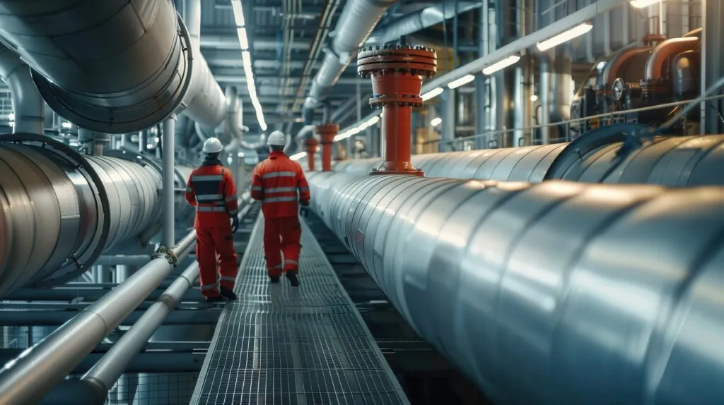 A couple of workers in safety gear inside a gas storage & processing facility.