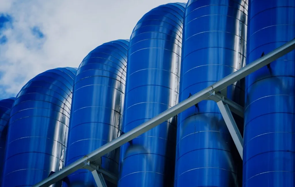 Liquid gas tanks inside an oil and gas storage & processing facility.